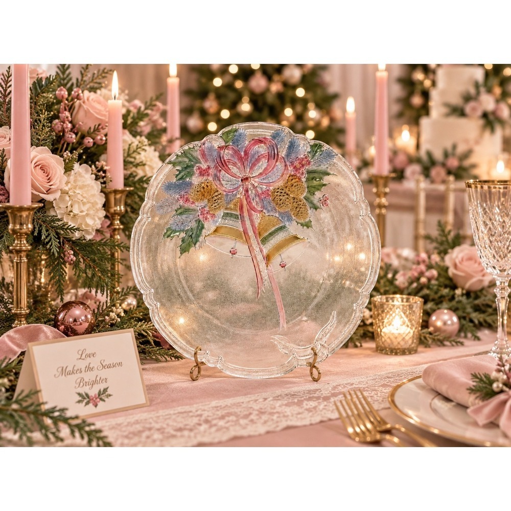 Mikasa Festive Bells Christmas Frosted Glass Serving Platter VTG 14.75 Inch